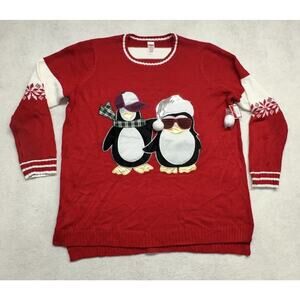 Holiday Time Womens 2X Christmas Sweater Penguin Felt Applique Red White